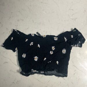 Nevena Rae Black Daisy Off-Shoulder Crop Top